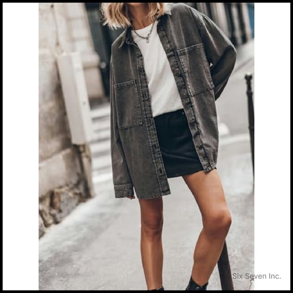 Oversized Denim Jacket Classic Button Up Casual Chic Y2K Retro Boyfriend Fit - Picture 4 of 8